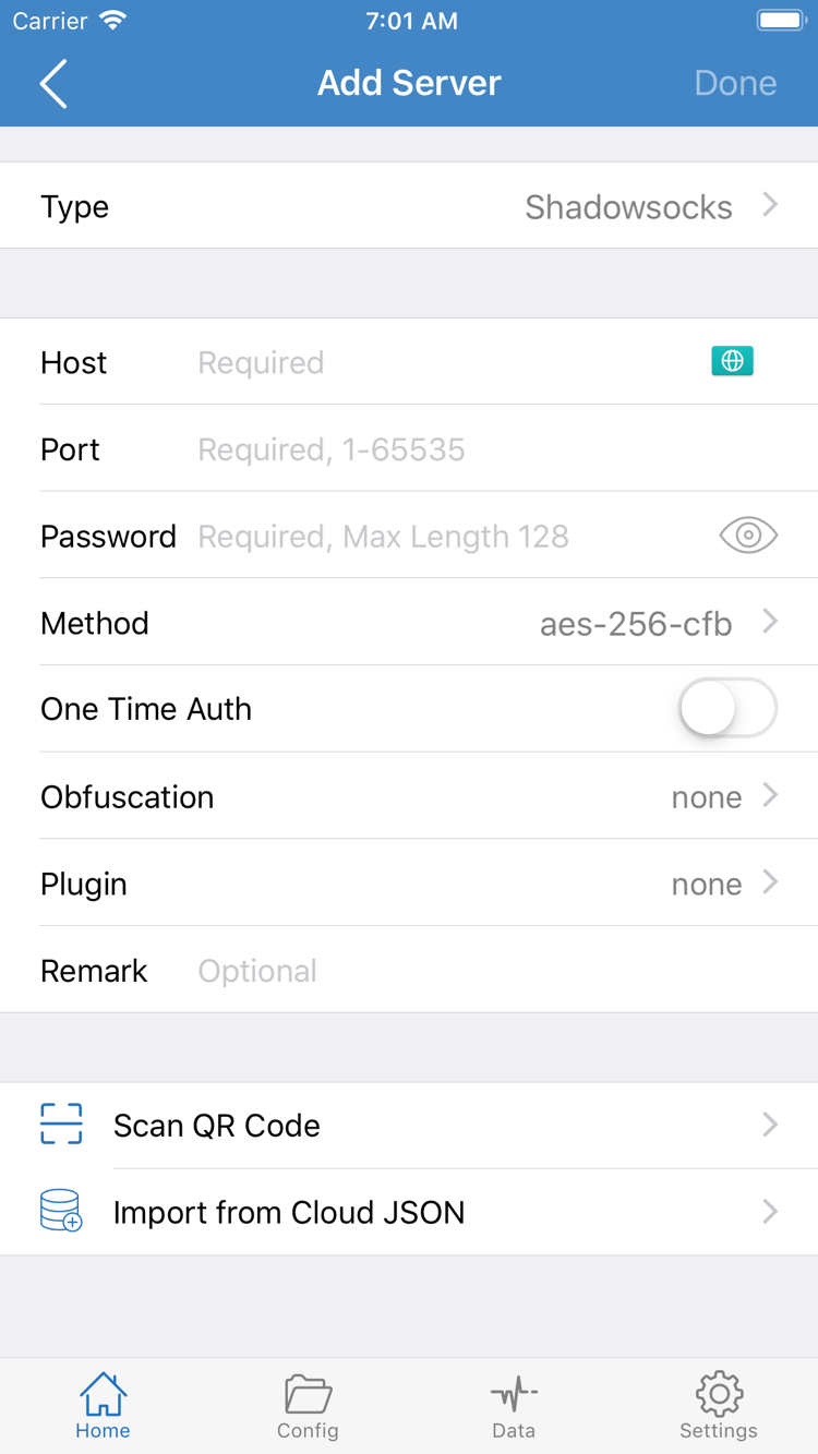 Shadowrocket Add Server 官方截图，显示 Type、Host、Port、Password、Method 与导入入口
