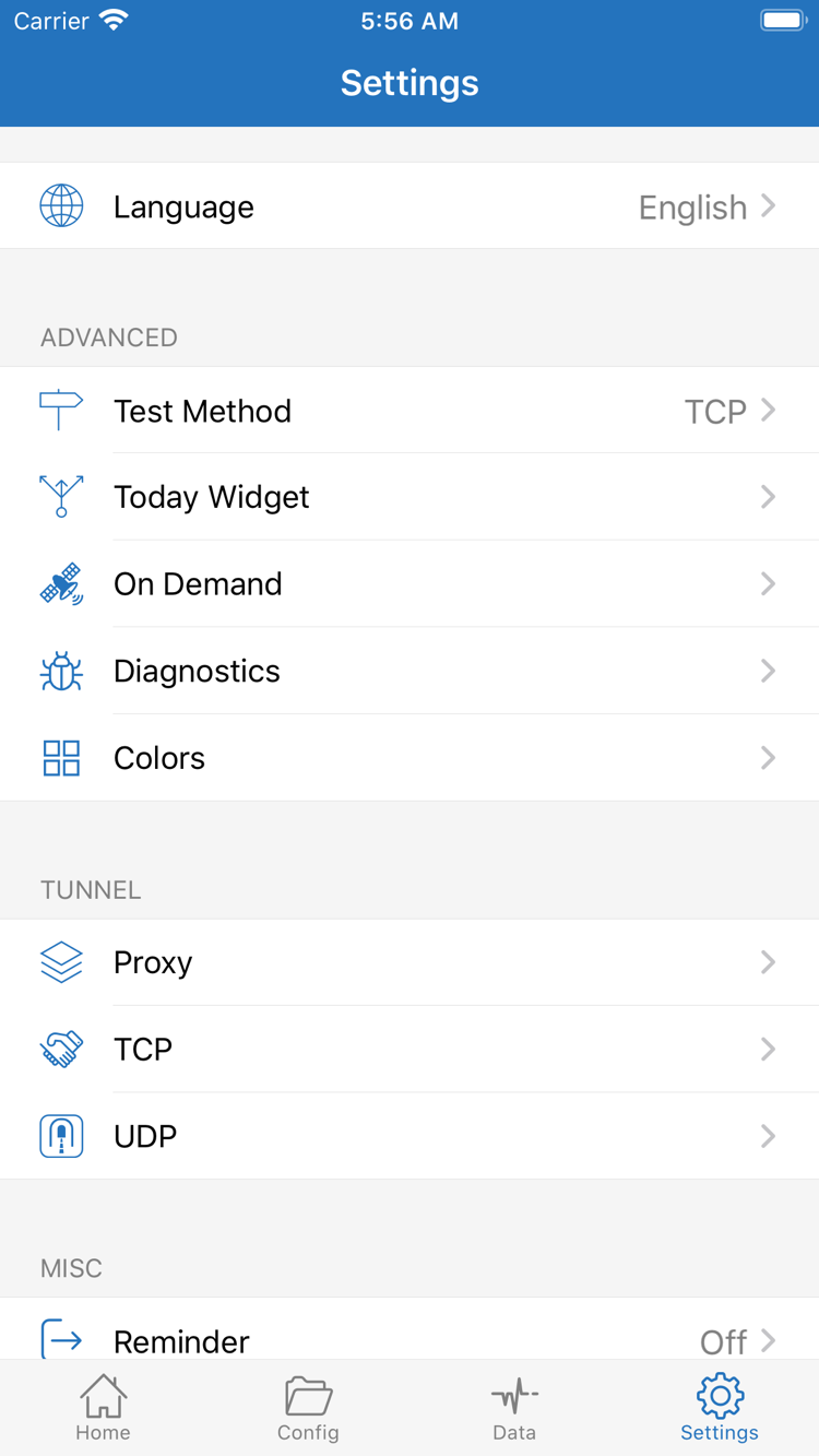 Official Shadowrocket Settings screenshot showing Language, Test Method, On Demand, Diagnostics, Proxy, TCP, and UDP