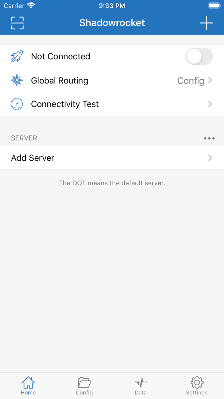 Shadowrocket Home 官方截图，显示 Not Connected、Global Routing、Connectivity Test 与 SERVER 分组